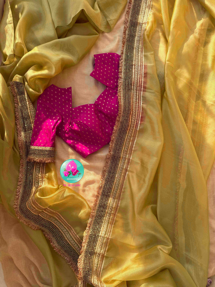 Gilded Gossamer: Beige Gold Tissue Organza with Rosy Satin Artistry