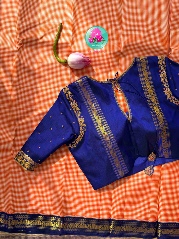 Traditional Splendor: Kanakambaram Orange Madras Checks Pure Kanchipattu Saree & Hand Embroidered Royal Blue Blouse