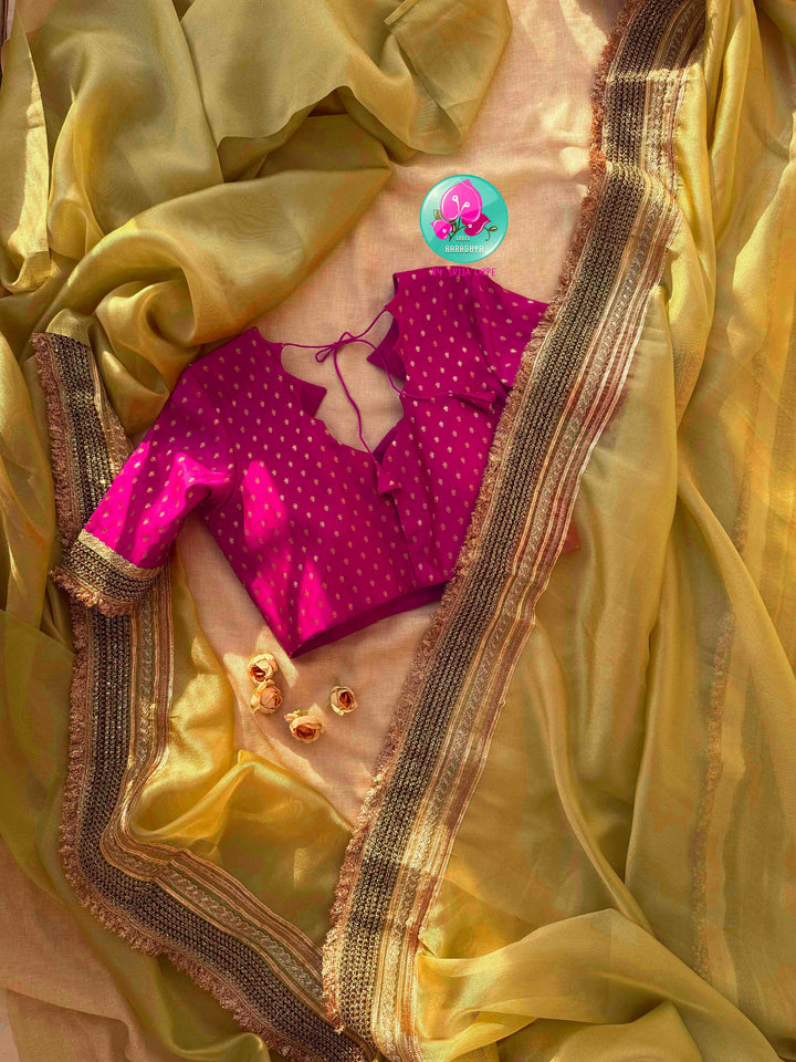 Gilded Gossamer: Beige Gold Tissue Organza with Rosy Satin Artistry