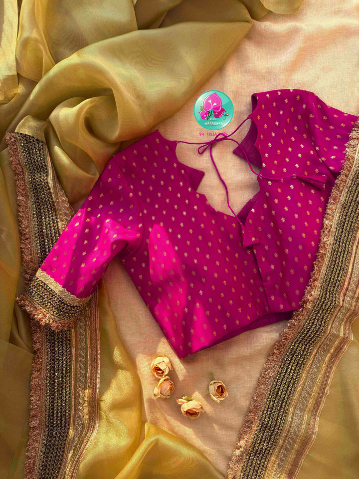 Gilded Gossamer: Beige Gold Tissue Organza with Rosy Satin Artistry