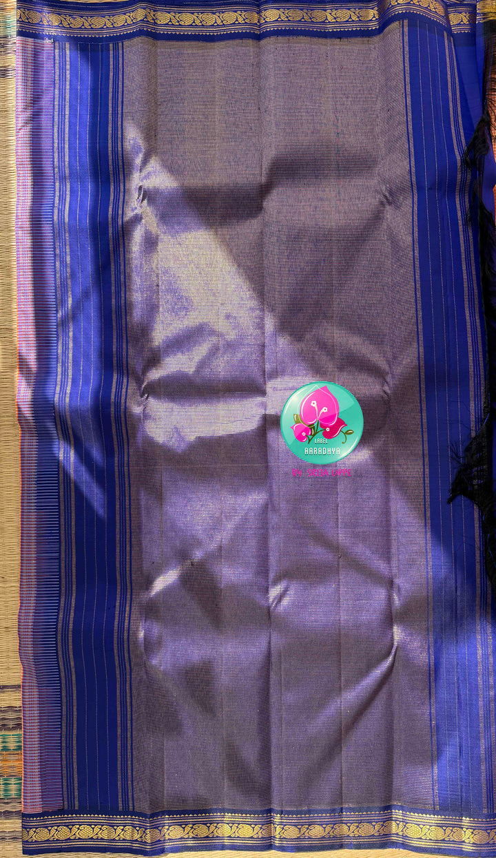 Traditional Splendor: Kanakambaram Orange Madras Checks Pure Kanchipattu Saree & Hand Embroidered Royal Blue Blouse