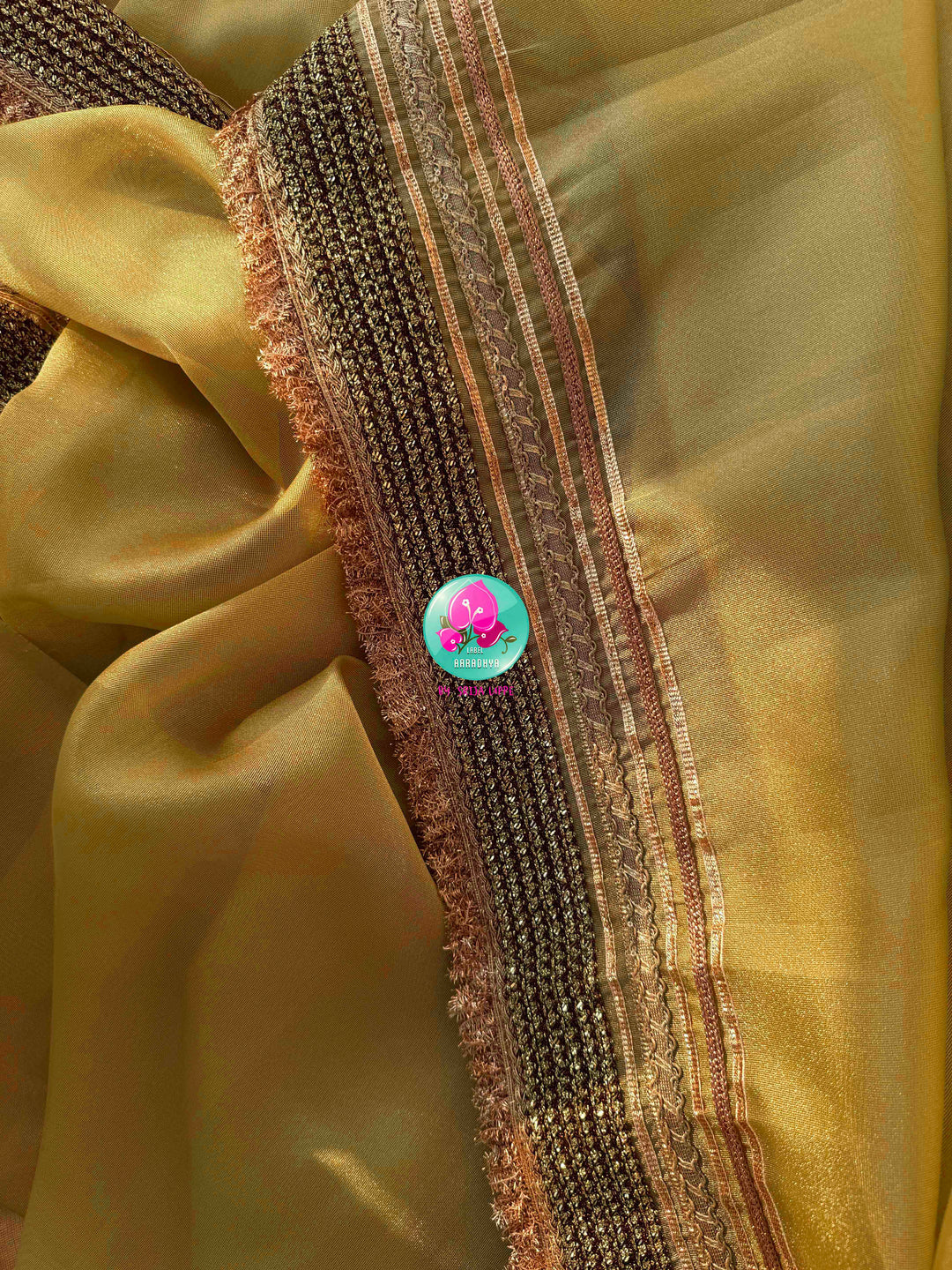 Gilded Gossamer: Beige Gold Tissue Organza with Rosy Satin Artistry