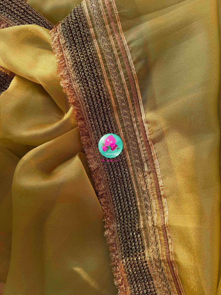 Gilded Gossamer: Beige Gold Tissue Organza with Rosy Satin Artistry