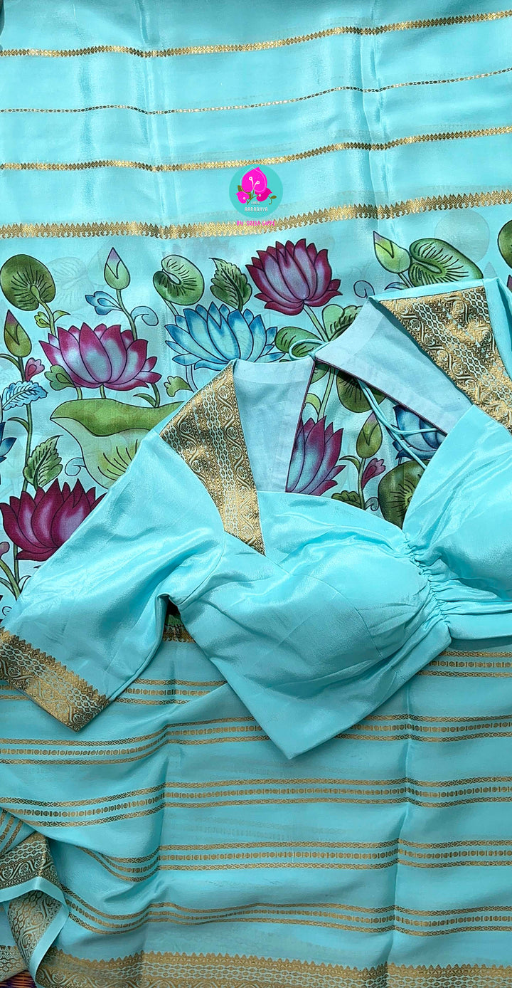 Pure Mysore crape saree with kalamkari floral print paired with Silk Blouse