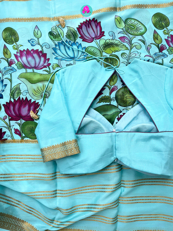 Pure Mysore crape saree with kalamkari floral print paired with Silk Blouse
