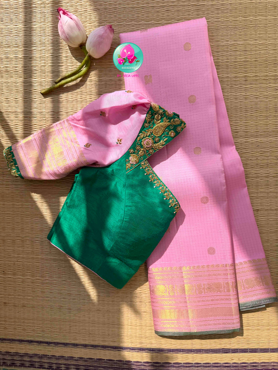 Pastel Romance & Emerald Majesty: Light Pastel Pink Vaira Oosi Kanchipattu Saree with Hand-Embroidered Emerald Fusion Blouse