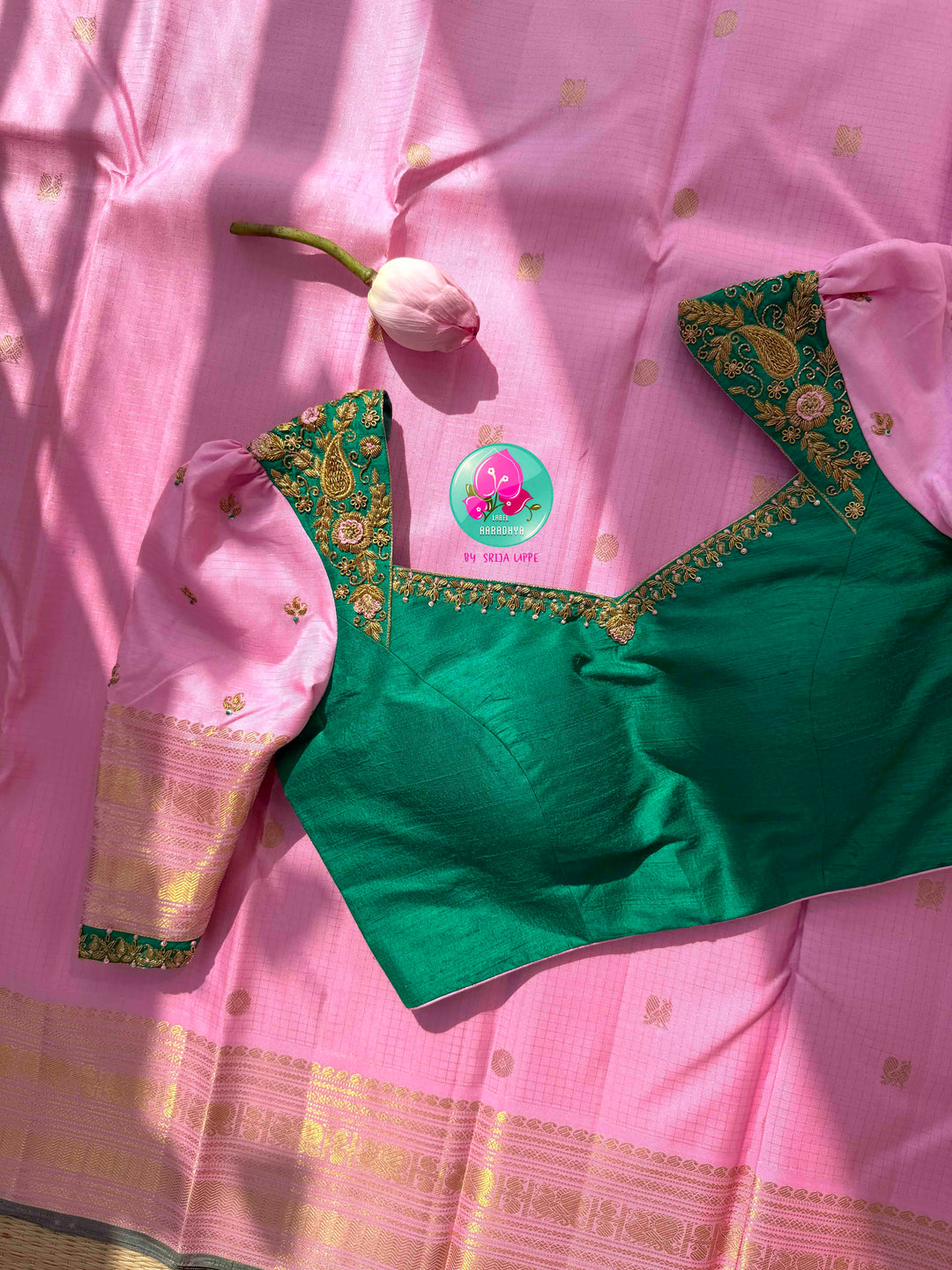 Pastel Romance & Emerald Majesty: Light Pastel Pink Vaira Oosi Kanchipattu Saree with Hand-Embroidered Emerald Fusion Blouse