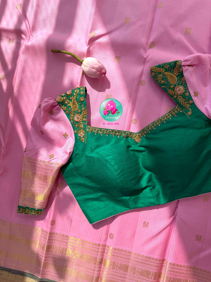 Pastel Romance & Emerald Majesty: Light Pastel Pink Vaira Oosi Kanchipattu Saree with Hand-Embroidered Emerald Fusion Blouse