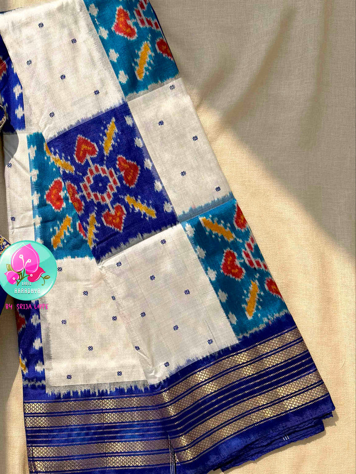 Ivory Skies: Royal Blue & Off-White Pure Ikkat Silk Saree