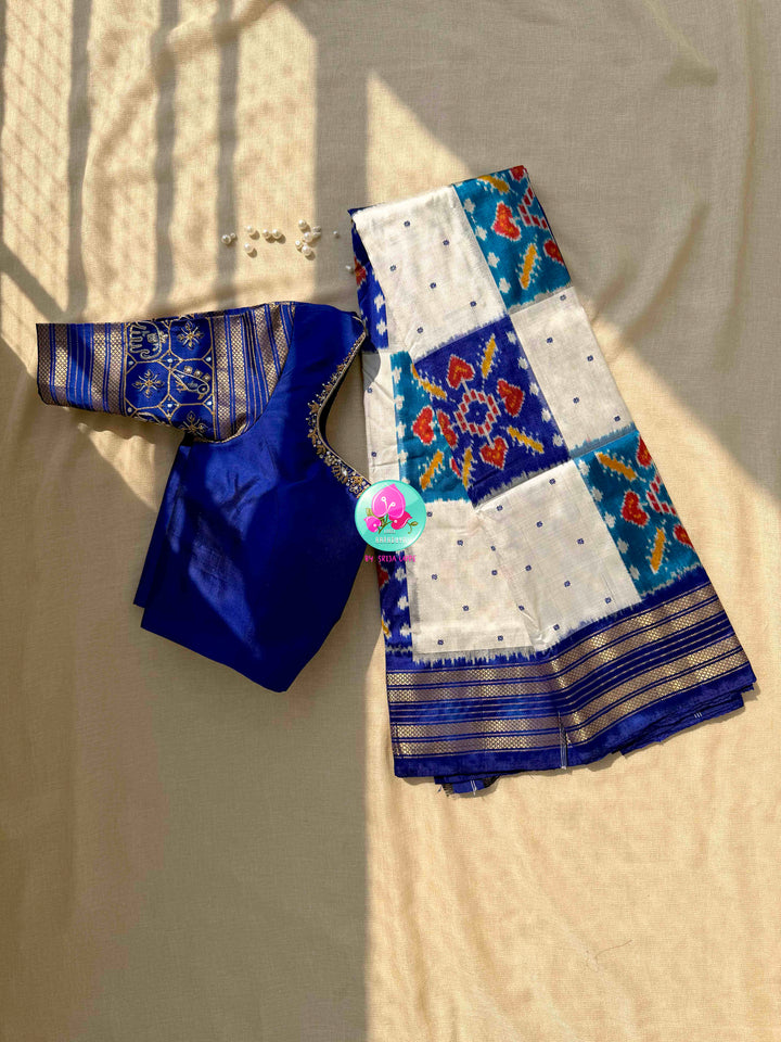 Ivory Skies: Royal Blue & Off-White Pure Ikkat Silk with Artisan Bird Embroidery