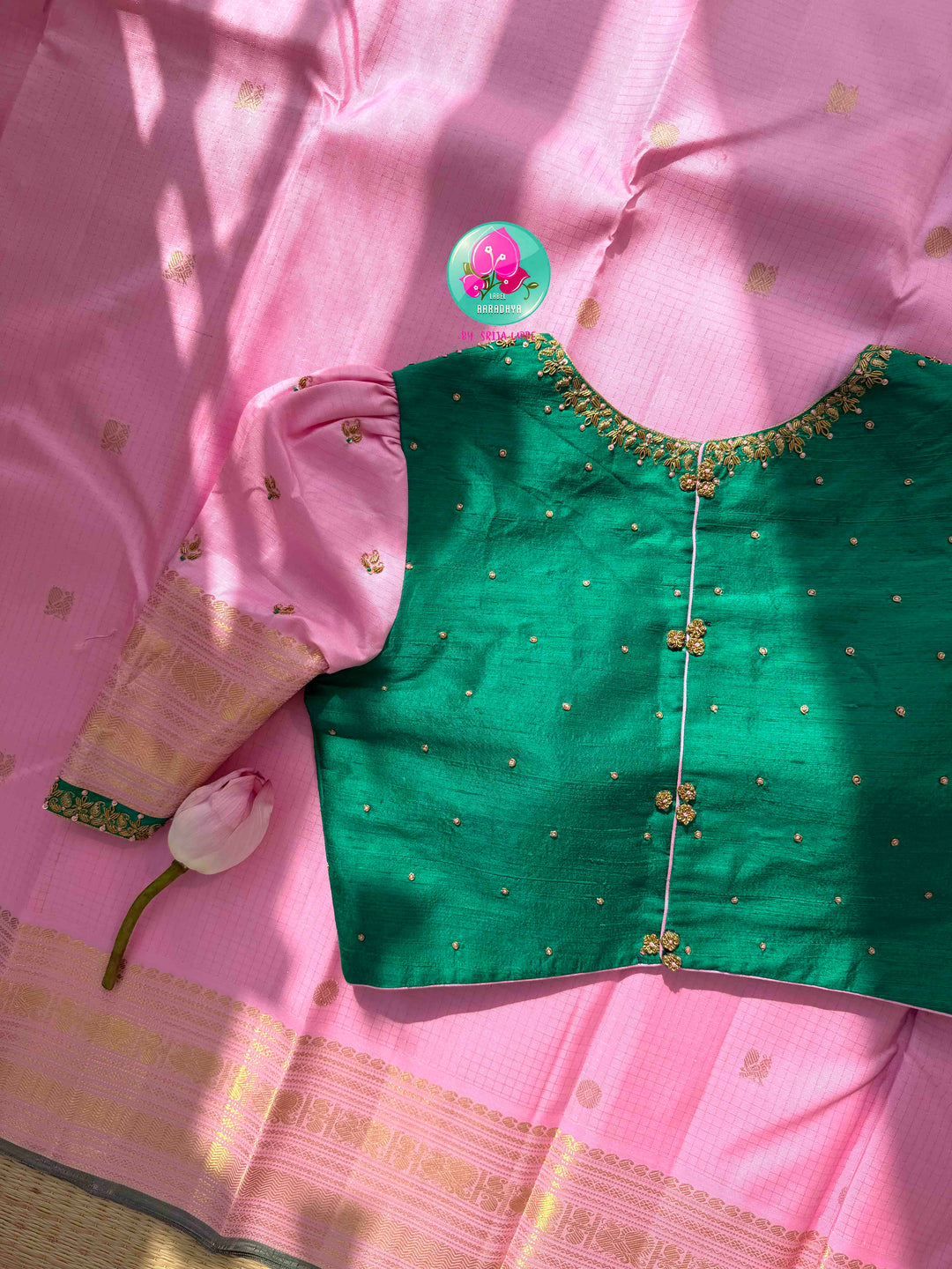 Pastel Romance & Emerald Majesty: Light Pastel Pink Vaira Oosi Kanchipattu Saree with Hand-Embroidered Emerald Fusion Blouse