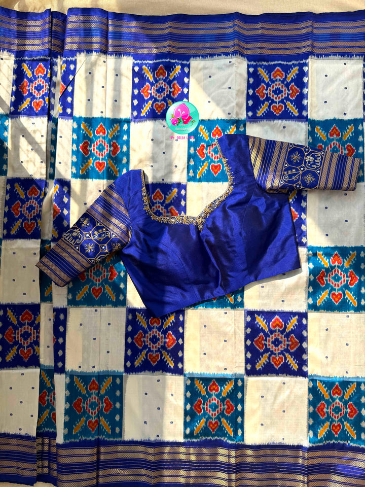 Ivory Skies: Royal Blue & Off-White Pure Ikkat Silk with Artisan Bird Embroidery