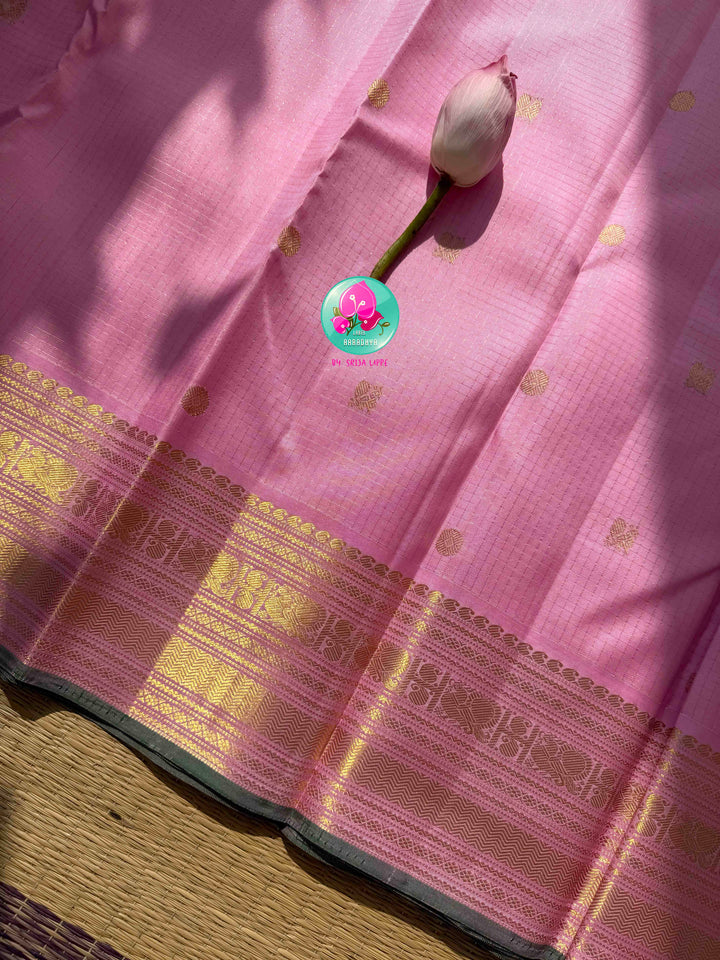 Pastel Romance & Emerald Majesty: Light Pastel Pink Vaira Oosi Kanchipattu Saree with Hand-Embroidered Emerald Fusion Blouse