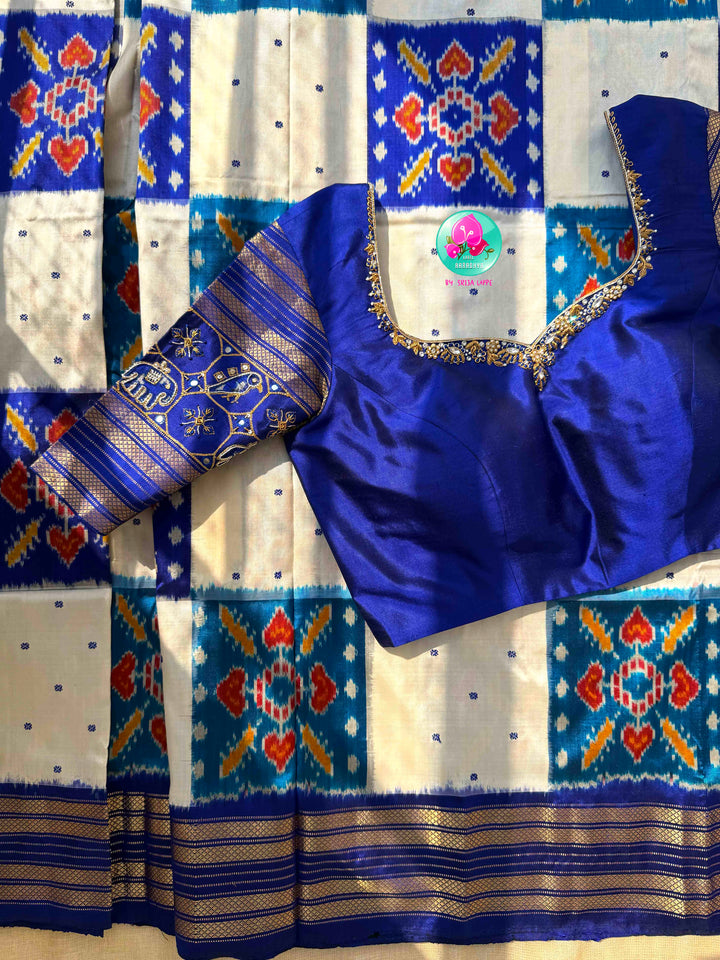 Ivory Skies: Royal Blue & Off-White Pure Ikkat Silk with Artisan Bird Embroidery