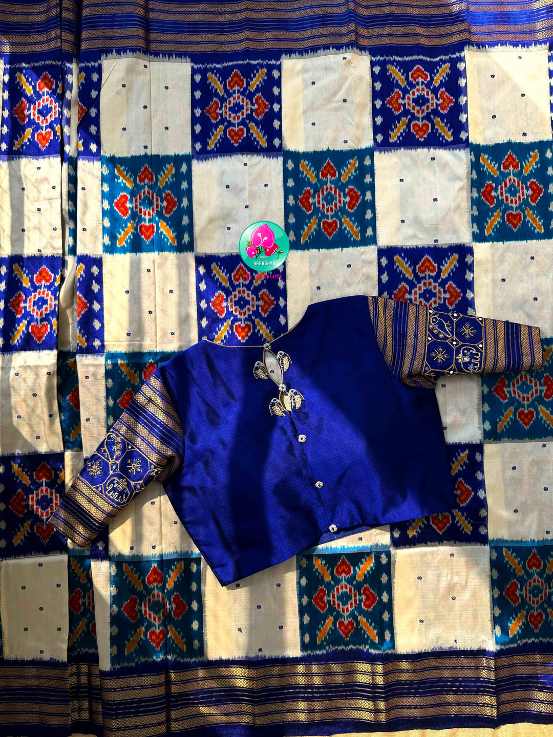 Ivory Skies: Royal Blue & Off-White Pure Ikkat Silk with Artisan Bird Embroidery