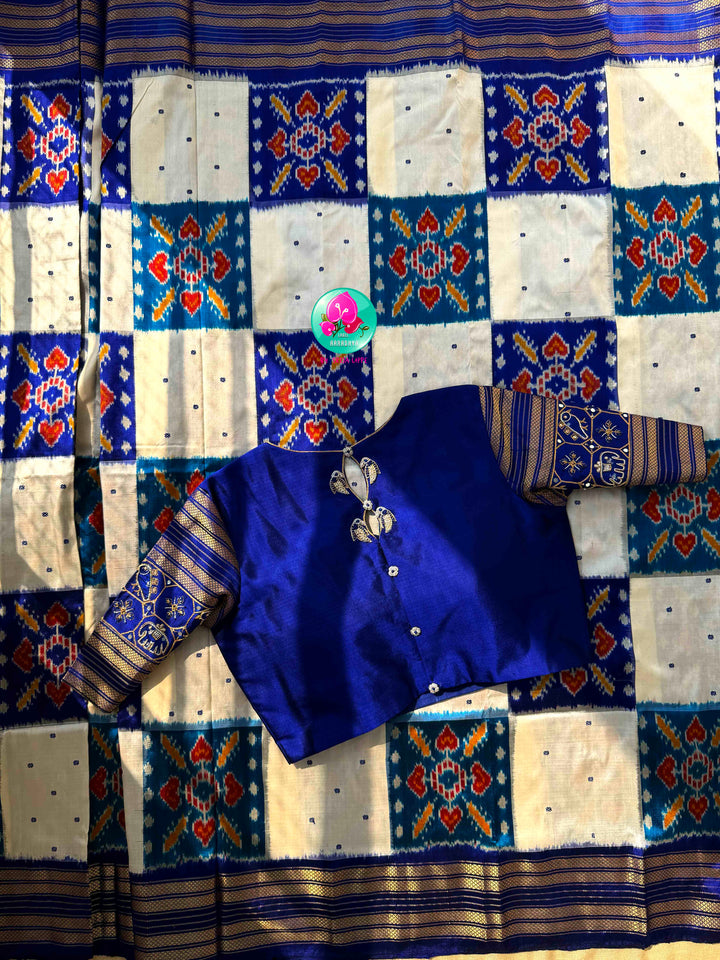 Ivory Skies: Royal Blue & Off-White Pure Ikkat Silk with Artisan Bird Embroidery