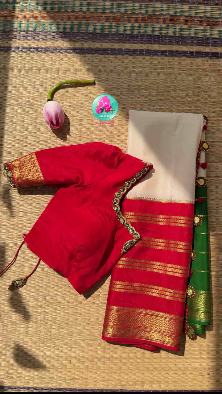 Sacred Temple Grandeur: Pure Off-White Mysore Silk Saree in 120 gsm with Crimson & Forest Green Ganga Jamuna Borders