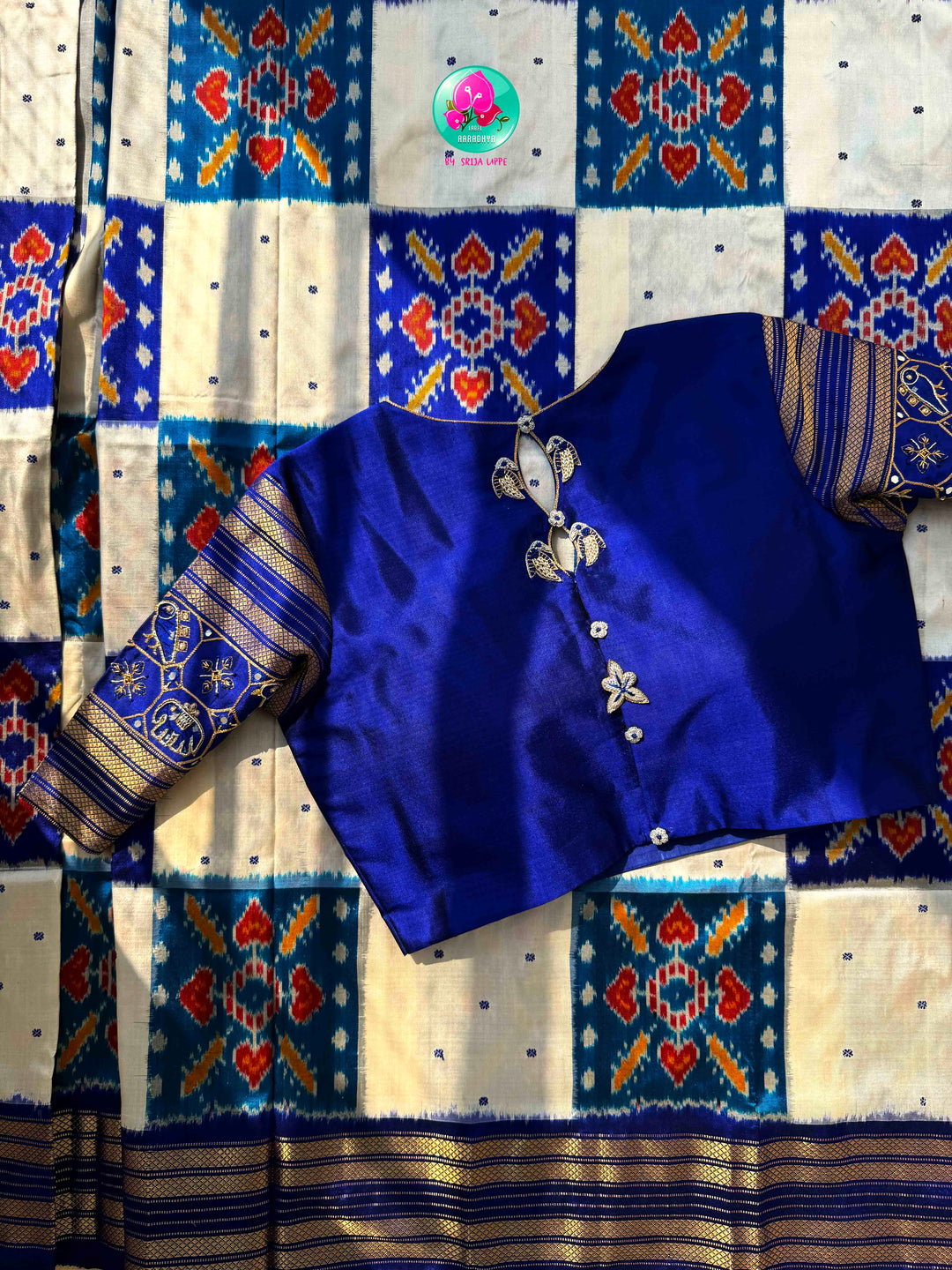 Ivory Skies: Royal Blue & Off-White Pure Ikkat Silk with Artisan Bird Embroidery