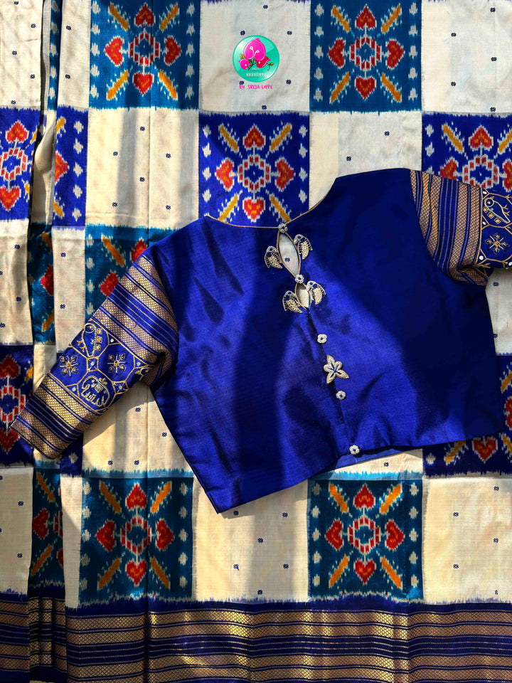 Ivory Skies: Royal Blue & Off-White Pure Ikkat Silk with Artisan Bird Embroidery