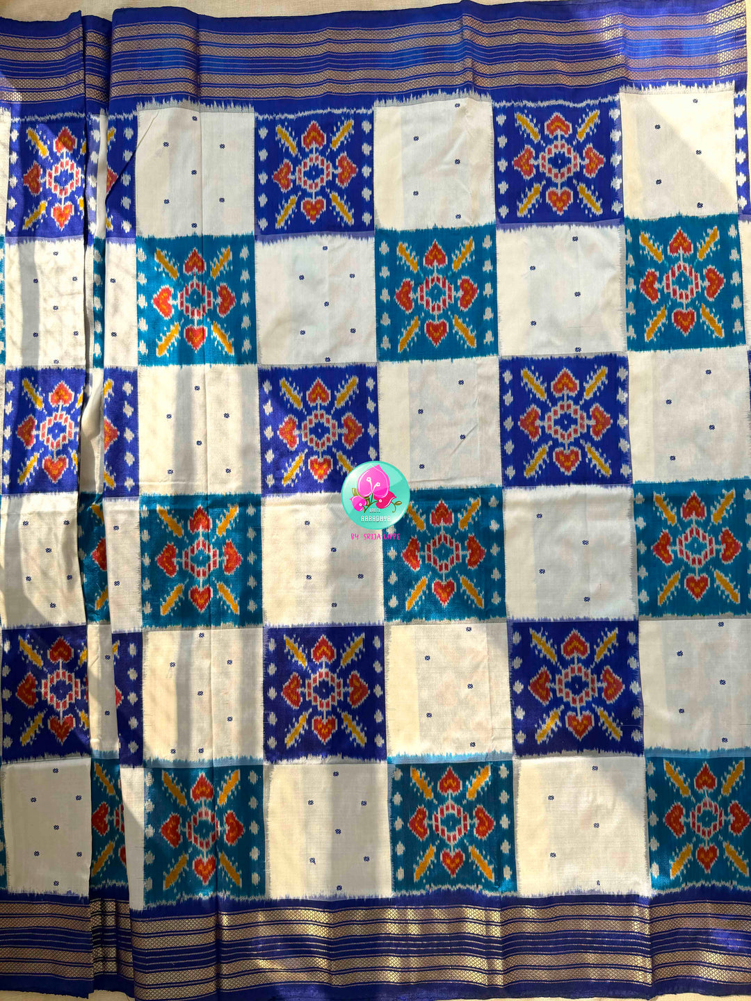 Ivory Skies: Royal Blue & Off-White Pure Ikkat Silk with Artisan Bird Embroidery