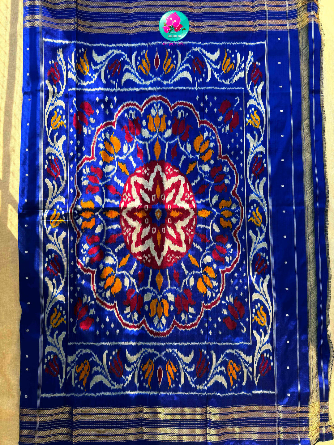 Ivory Skies: Royal Blue & Off-White Pure Ikkat Silk with Artisan Bird Embroidery