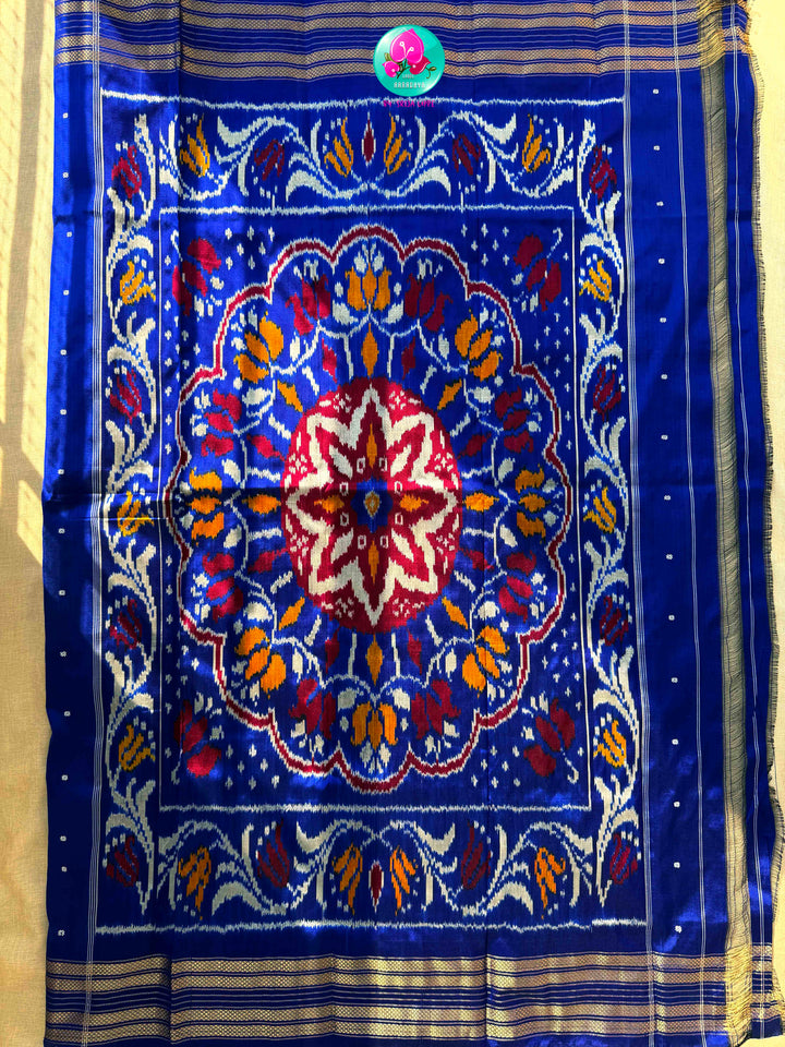 Ivory Skies: Royal Blue & Off-White Pure Ikkat Silk with Artisan Bird Embroidery