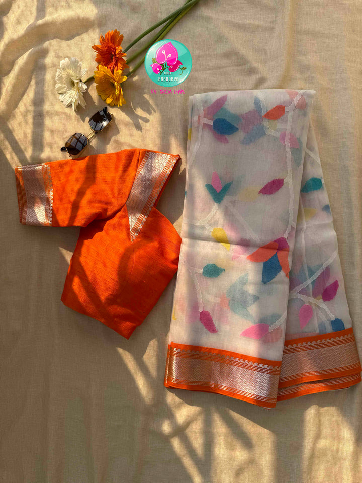 Ivory Skies & Saffron Sunsets: Off-white Jamdhani-Kanchi Fusion Saree with Raw Silk Artistry