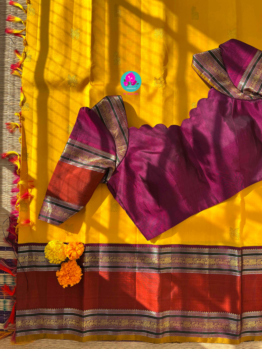 Chrysanthemum Yellow Kanchipattu Saree paired with blouse for Auspicious Occasions