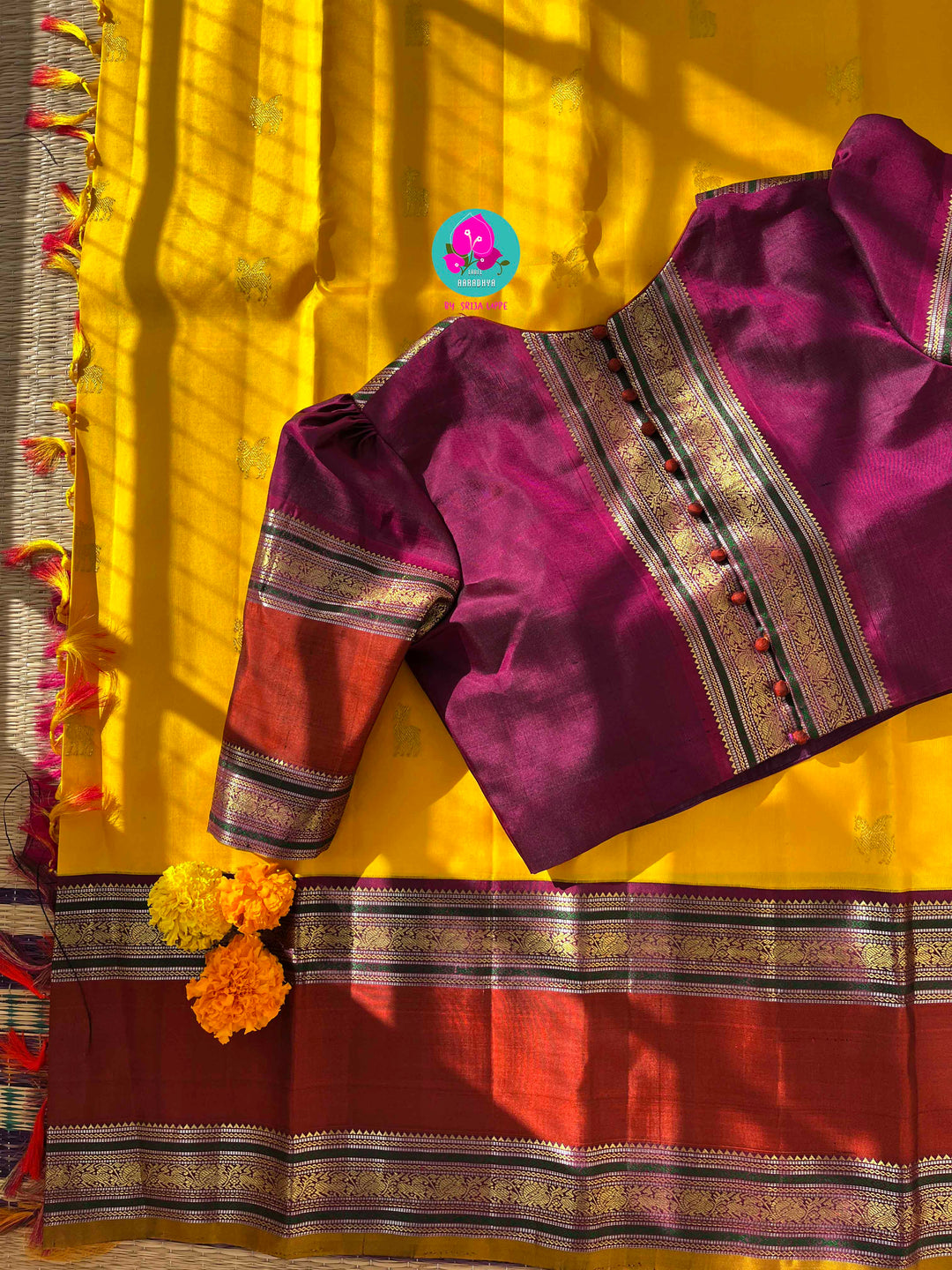 Chrysanthemum Yellow Kanchipattu Saree paired with blouse for Auspicious Occasions