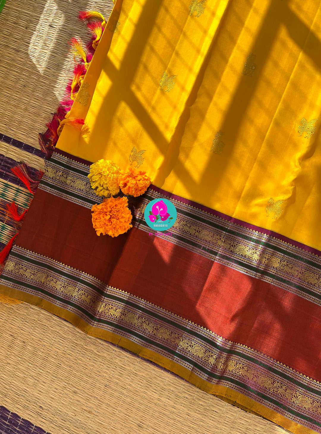 Chrysanthemum Yellow Kanchipattu Saree paired with blouse for Auspicious Occasions