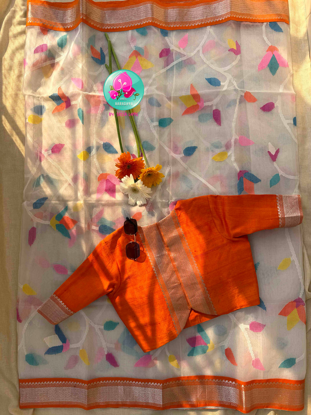 Ivory Skies & Saffron Sunsets: Off-white Jamdhani-Kanchi Fusion Saree with Raw Silk Artistry