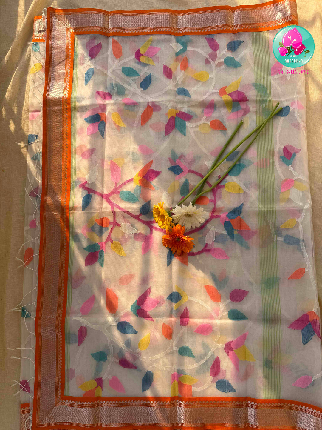 Ivory Skies & Saffron Sunsets: Off-white Jamdhani-Kanchi Fusion Saree with Raw Silk Artistry
