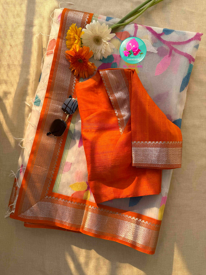 Ivory Skies & Saffron Sunsets: Off-white Jamdhani-Kanchi Fusion Saree with Raw Silk Artistry