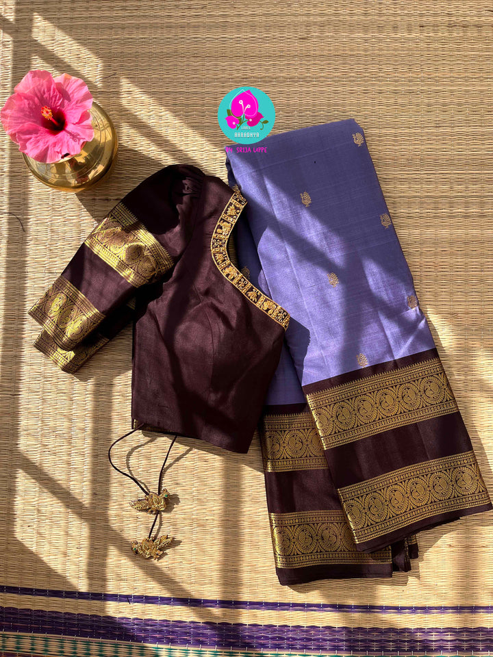 Sky Meets Earth: Cornflower Lavender Kanjivaram Saree with Deep Brown Contrast and Embroidered Blouse