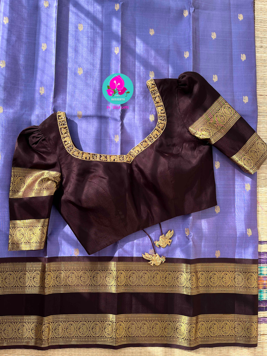 Sky Meets Earth: Cornflower Lavender Kanjivaram Saree with Deep Brown Contrast and Embroidered Blouse