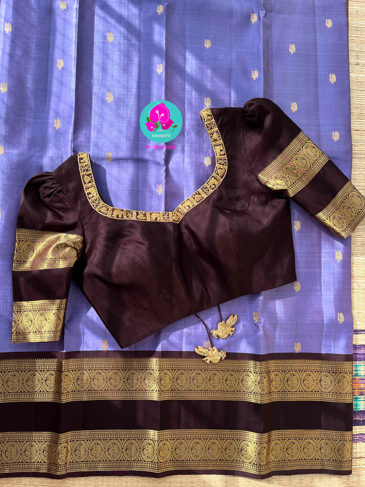 Sky Meets Earth: Cornflower Lavender Kanjivaram Saree with Deep Brown Contrast and Embroidered Blouse