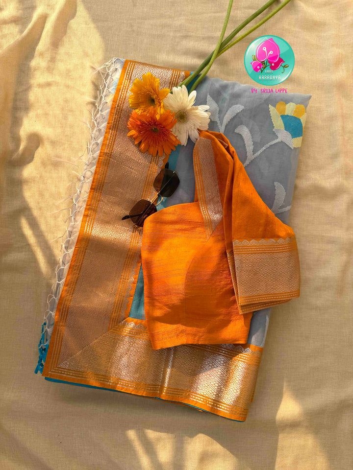 Silver Mist & Golden Flame: Grey Jamdhani-Kanchi Fusion Saree with Citrus Raw Silk