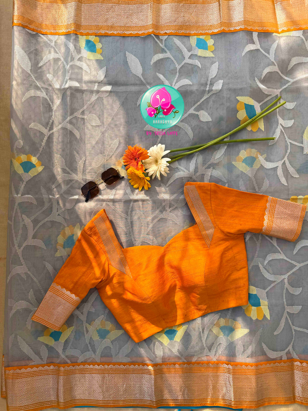 Silver Mist & Golden Flame: Grey Jamdhani-Kanchi Fusion Saree with Citrus Raw Silk