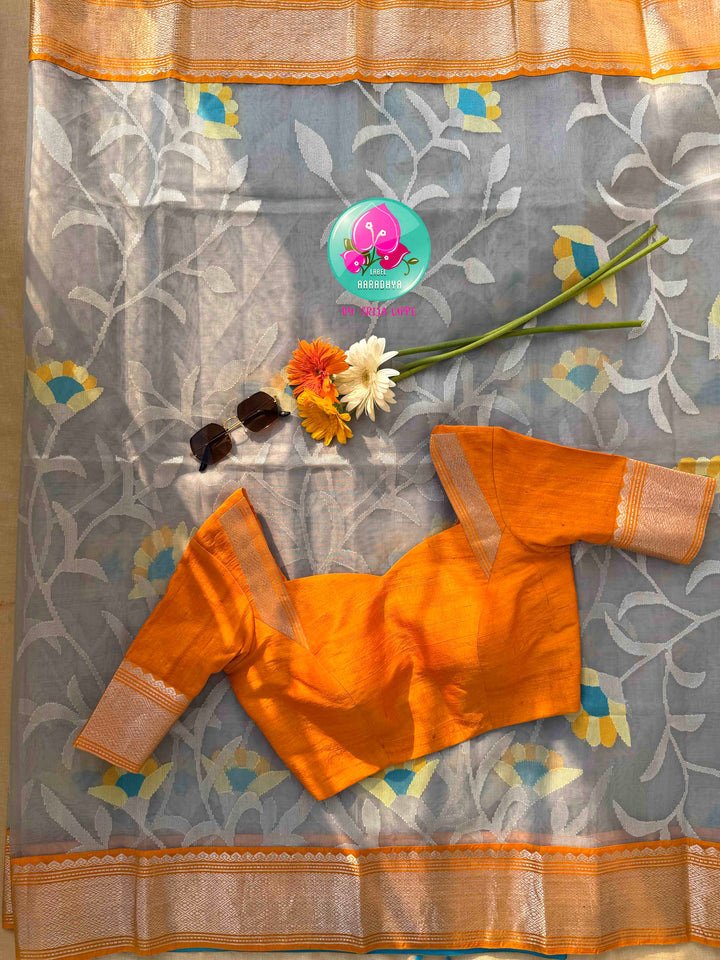 Silver Mist & Golden Flame: Grey Jamdhani-Kanchi Fusion Saree with Citrus Raw Silk