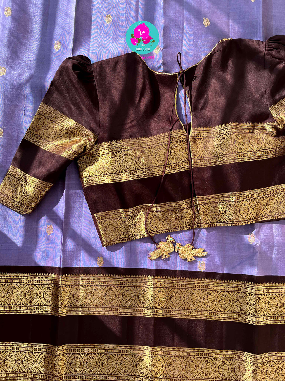 Sky Meets Earth: Cornflower Lavender Kanjivaram Saree with Deep Brown Contrast and Embroidered Blouse