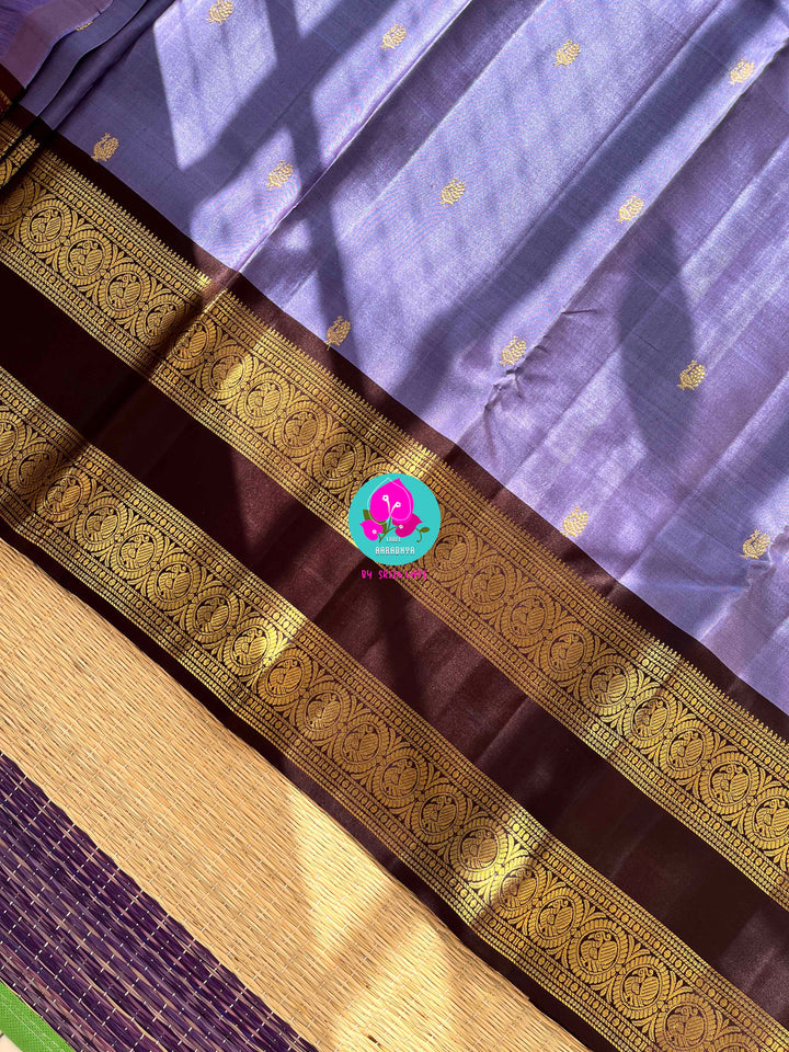 Sky Meets Earth: Cornflower Lavender Kanjivaram Saree with Deep Brown Contrast and Embroidered Blouse