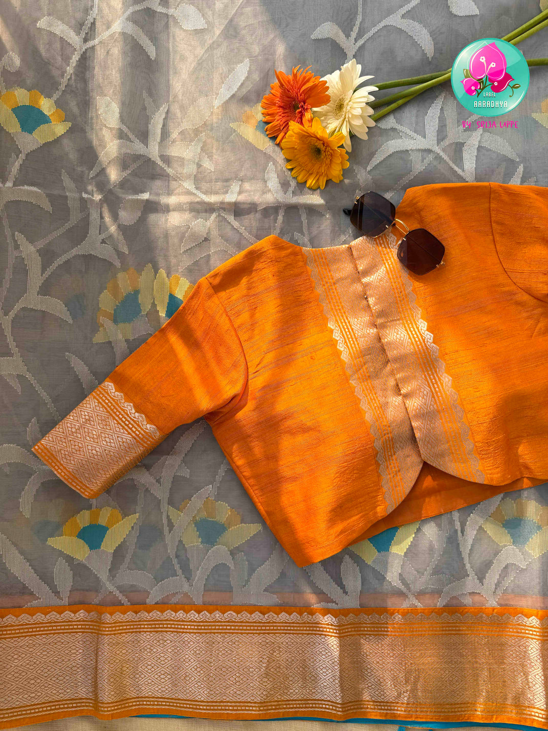 Silver Mist & Golden Flame: Grey Jamdhani-Kanchi Fusion Saree with Citrus Raw Silk