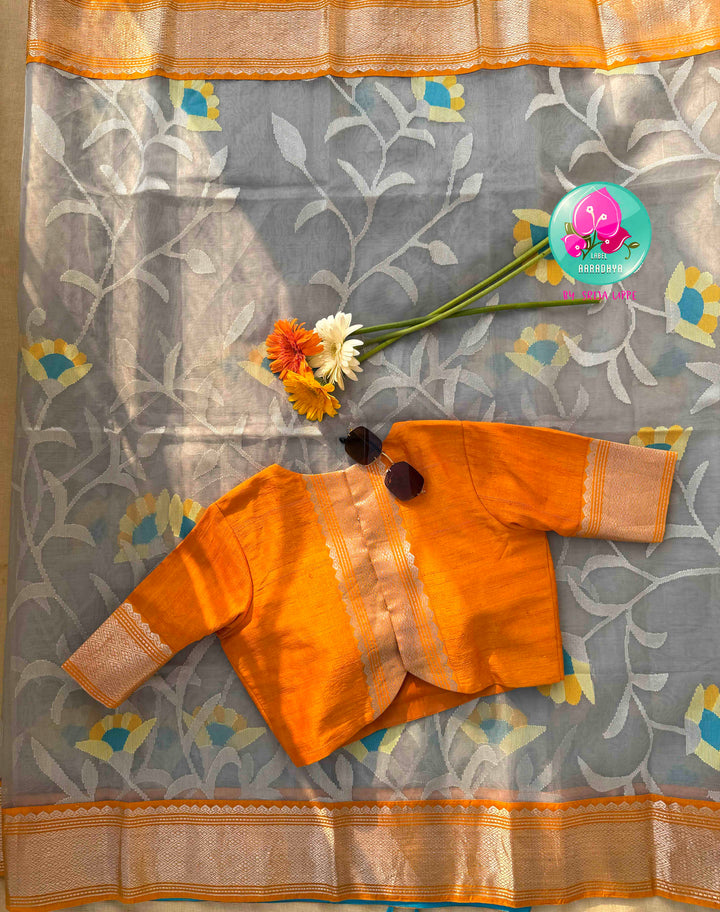 Silver Mist & Golden Flame: Grey Jamdhani-Kanchi Fusion Saree with Citrus Raw Silk