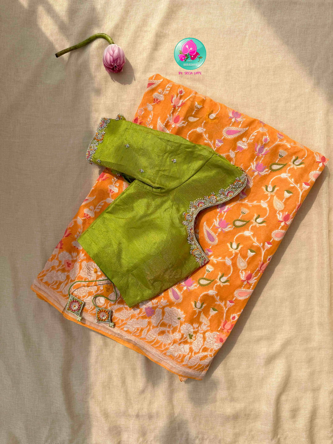 Luminous Citrus Grace & Parrot Green Splendor: Pure Banarasi Khaddi Georgette Orange Saree with Hand-Embroidered Tissue Raw Silk Blouse