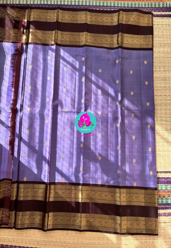 Sky Meets Earth: Cornflower Lavender Kanjivaram Saree with Deep Brown Contrast and Embroidered Blouse