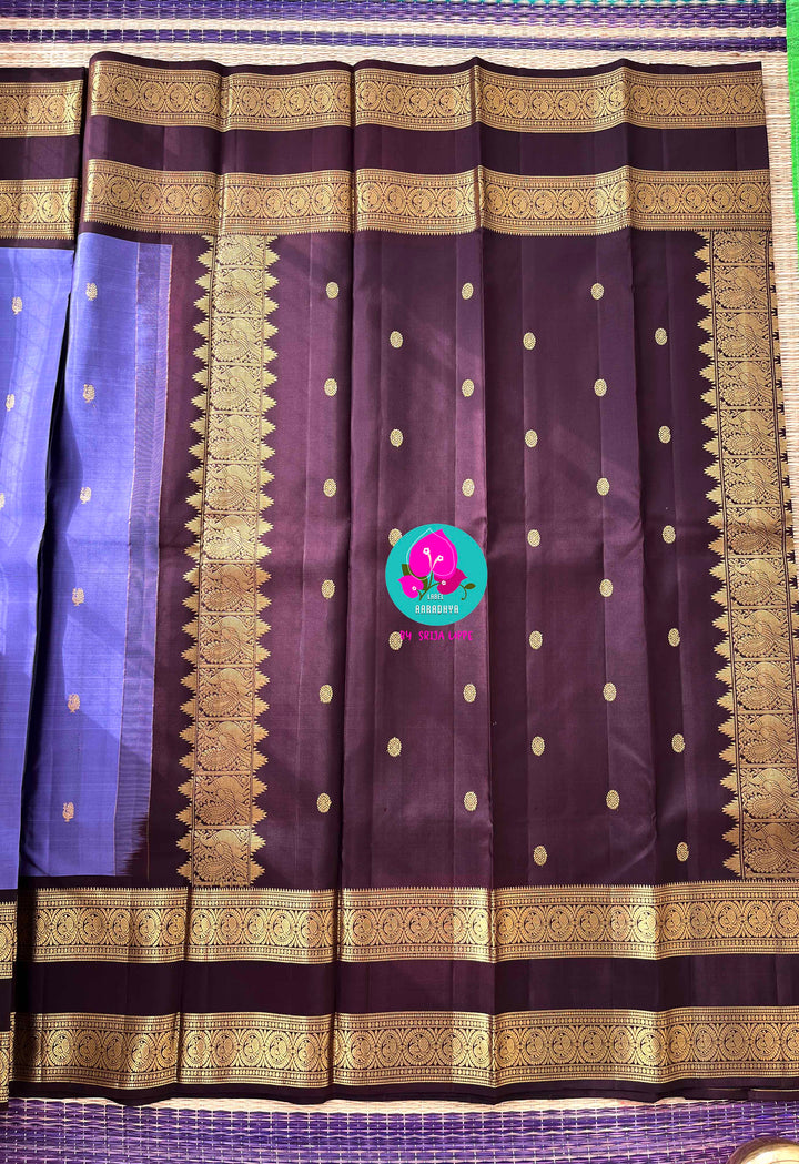 Sky Meets Earth: Cornflower Lavender Kanjivaram Saree with Deep Brown Contrast and Embroidered Blouse