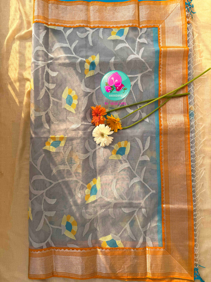 Silver Mist & Golden Flame: Grey Jamdhani-Kanchi Fusion Saree with Citrus Raw Silk