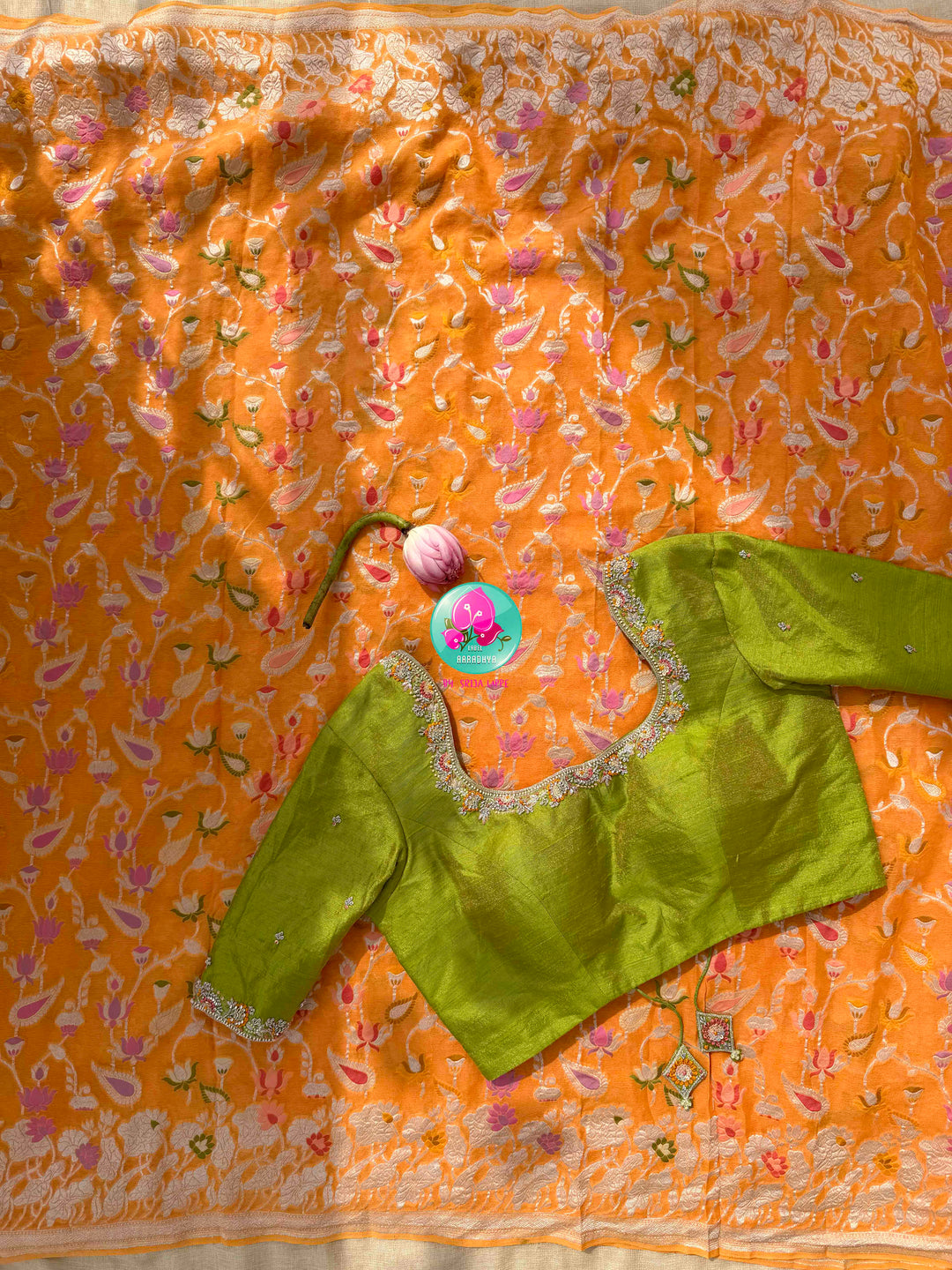 Luminous Citrus Grace & Parrot Green Splendor: Pure Banarasi Khaddi Georgette Orange Saree with Hand-Embroidered Tissue Raw Silk Blouse