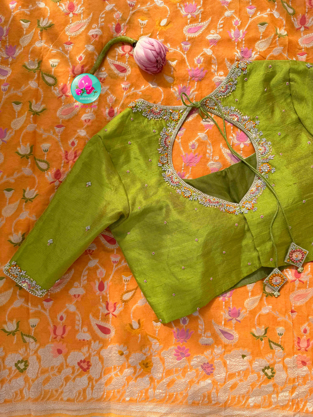 Luminous Citrus Grace & Parrot Green Splendor: Pure Banarasi Khaddi Georgette Orange Saree with Hand-Embroidered Tissue Raw Silk Blouse