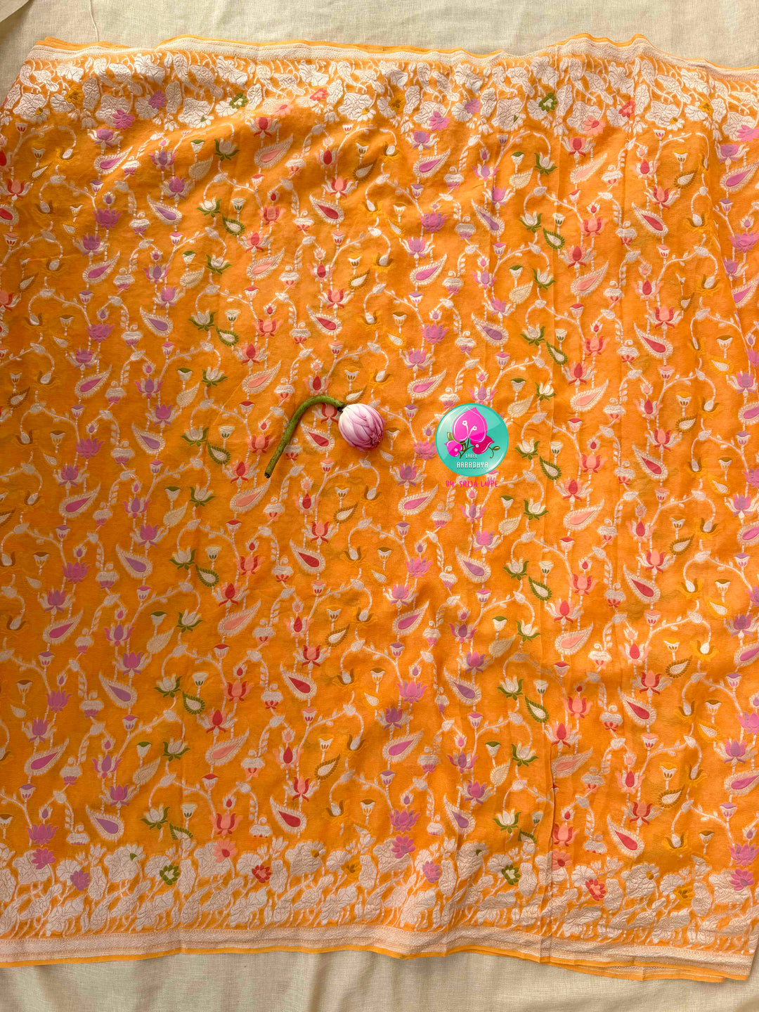 Luminous Citrus Grace & Parrot Green Splendor: Pure Banarasi Khaddi Georgette Orange Saree with Hand-Embroidered Tissue Raw Silk Blouse
